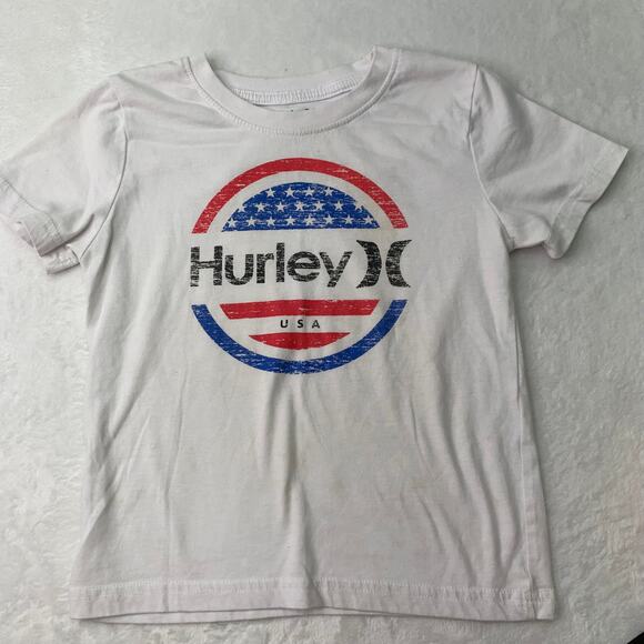 Hurley Boys Sz 6 Outfit Shorts Shirt Red White Blue Circle Flag Logo Spellout - Picture 3 of 8
